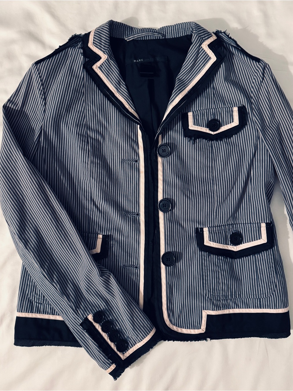 Marc Jacobs Black & White Pinstripe Blazer with Pink Trim